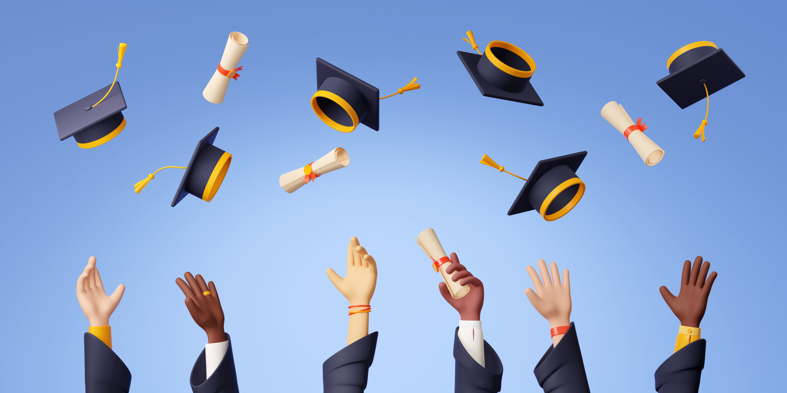 3d render alumni hands throw graduation cap in air